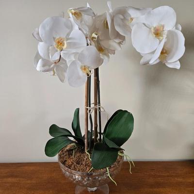 LOT 209H: Two Silk Arrangements in Glass Bowls and Decorative Mirror with Ornate Frame