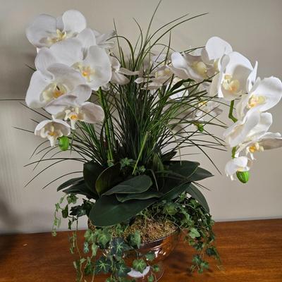 LOT 209H: Two Silk Arrangements in Glass Bowls and Decorative Mirror with Ornate Frame