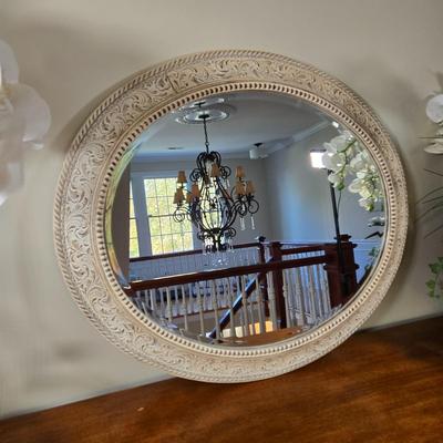 LOT 209H: Two Silk Arrangements in Glass Bowls and Decorative Mirror with Ornate Frame