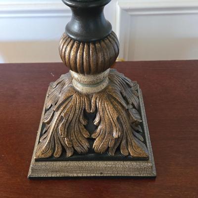 LOT 210H: Stanley Furniture Night Stand, Upholstered Chair, Large Wooden Framed Mirror, and Decorative Lamp