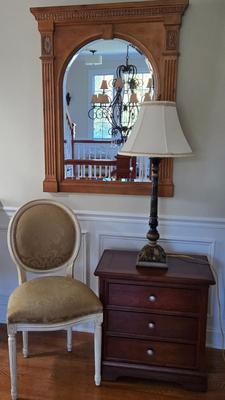 LOT 210H: Stanley Furniture Night Stand, Upholstered Chair, Large Wooden Framed Mirror, and Decorative Lamp