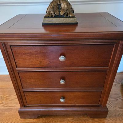 LOT 210H: Stanley Furniture Night Stand, Upholstered Chair, Large Wooden Framed Mirror, and Decorative Lamp