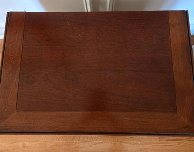 LOT 210H: Stanley Furniture Night Stand, Upholstered Chair, Large Wooden Framed Mirror, and Decorative Lamp