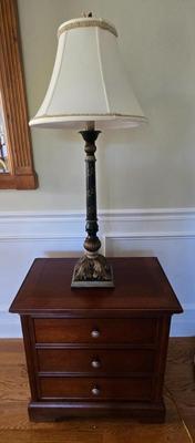 LOT 210H: Stanley Furniture Night Stand, Upholstered Chair, Large Wooden Framed Mirror, and Decorative Lamp