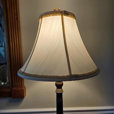 LOT 210H: Stanley Furniture Night Stand, Upholstered Chair, Large Wooden Framed Mirror, and Decorative Lamp