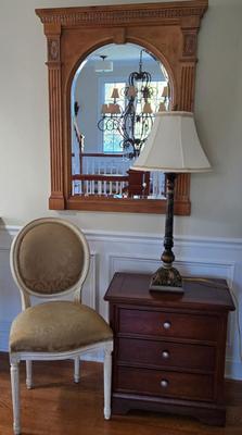 LOT 210H: Stanley Furniture Night Stand, Upholstered Chair, Large Wooden Framed Mirror, and Decorative Lamp