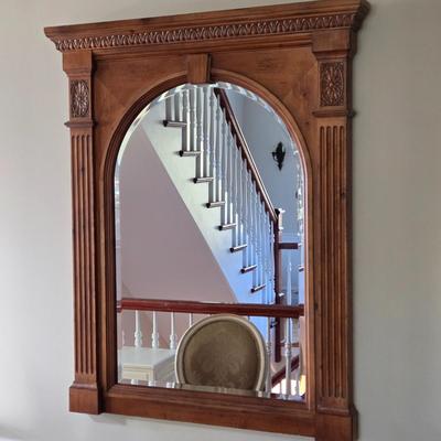 LOT 210H: Stanley Furniture Night Stand, Upholstered Chair, Large Wooden Framed Mirror, and Decorative Lamp