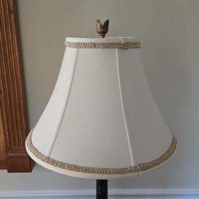 LOT 210H: Stanley Furniture Night Stand, Upholstered Chair, Large Wooden Framed Mirror, and Decorative Lamp