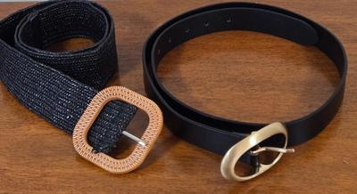 LOT 213W: Two Black Dresses, Wedge Open Toed Shoes, and Two Black Belts