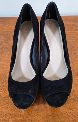 LOT 213W: Two Black Dresses, Wedge Open Toed Shoes, and Two Black Belts