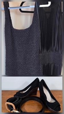 LOT 213W: Two Black Dresses, Wedge Open Toed Shoes, and Two Black Belts