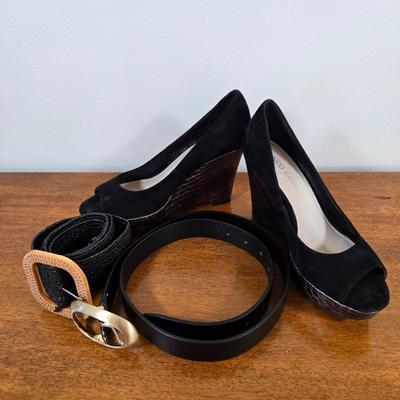 LOT 213W: Two Black Dresses, Wedge Open Toed Shoes, and Two Black Belts