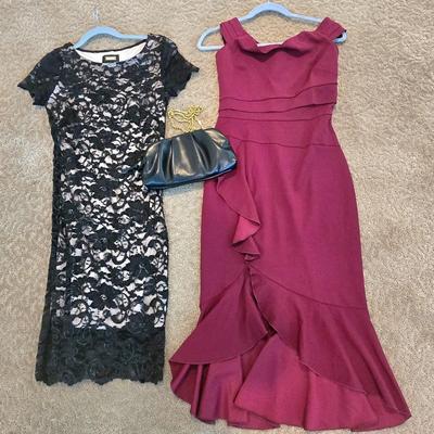 LOT 214W: Black Lacey Dress, Wine Color Dress, and Formal Handbag