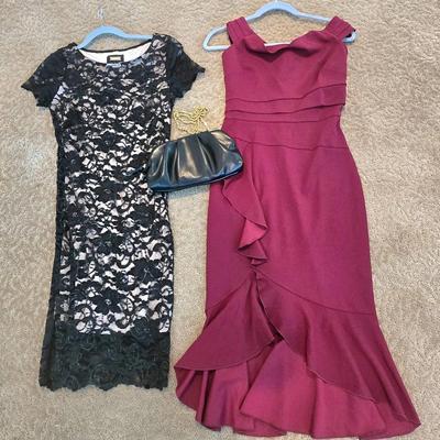 LOT 214W: Black Lacey Dress, Wine Color Dress, and Formal Handbag