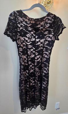 LOT 214W: Black Lacey Dress, Wine Color Dress, and Formal Handbag