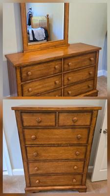 LOT 235X: Wood Dresser with Mirror and Chest of Drawers
