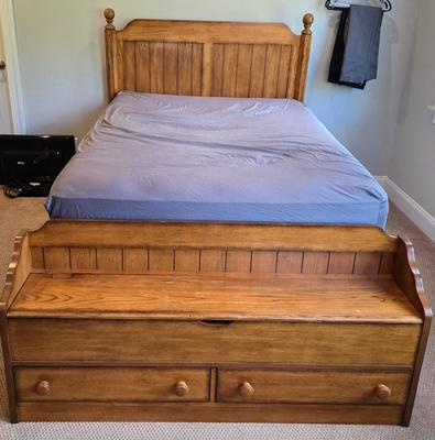 LOT 237X: Wooden Full Size Bed Frame and Storage Bench for Foot of the Bed
