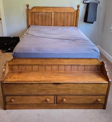 LOT 237X: Wooden Full Size Bed Frame and Storage Bench for Foot of the Bed