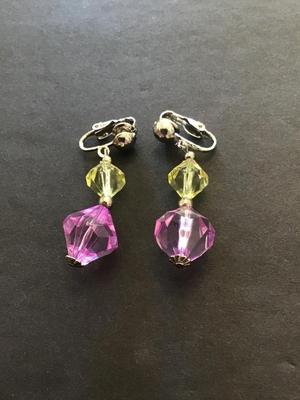 Clip on dangle earrings with faceted yellow and purple beads