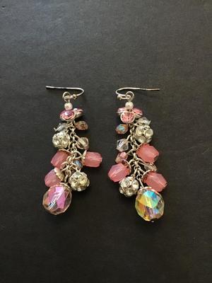 Beautiful dangle earrings with pink and iridescent beads