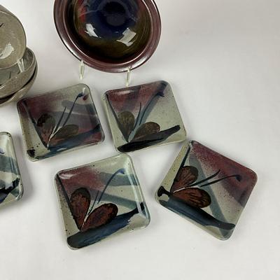 Sale Photo Thumbnail #1322: Breimarck Pottery - Five Plates - 5.25" square
Five floral pottery bowls: 6" diameter
Large bowl: 8" diameter