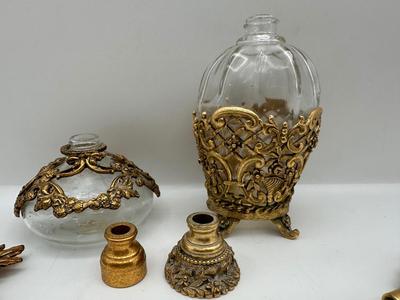 Pair of Vintage Globe & Musi 24K Gold Plated Perfume Bottles