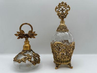 Pair of Vintage Globe & Musi 24K Gold Plated Perfume Bottles
