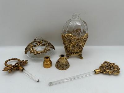 Pair of Vintage Globe & Musi 24K Gold Plated Perfume Bottles