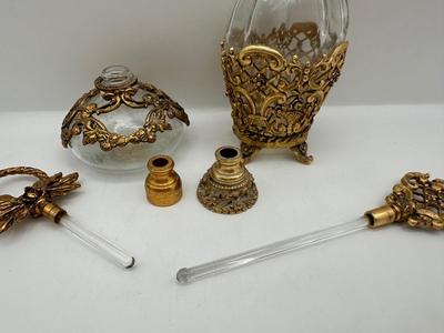 Pair of Vintage Globe & Musi 24K Gold Plated Perfume Bottles