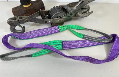 LOT 77: Maasdam Pow'R-Pull Winch, Sledgehammer and Strap