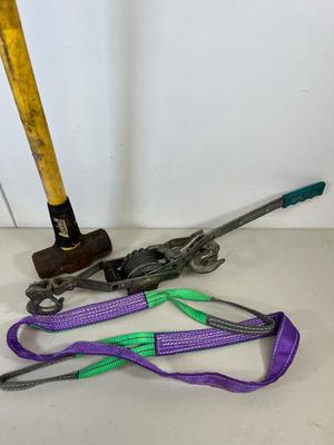 LOT 77: Maasdam Pow'R-Pull Winch, Sledgehammer and Strap