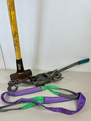 LOT 77: Maasdam Pow'R-Pull Winch, Sledgehammer and Strap