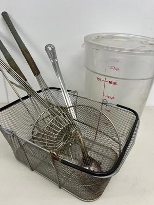 LOT 85: Deep Fryer Utensils and Plastic Measuring Container