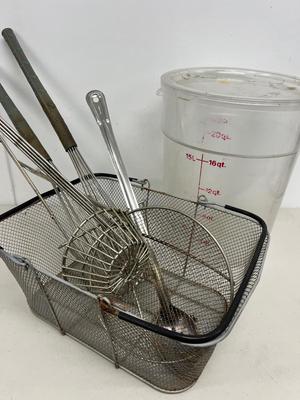 LOT 85: Deep Fryer Utensils and Plastic Measuring Container