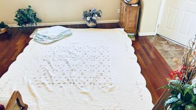 LARGE PRETTY HEAVY QUILTED BLANKET AND QUEEN SIZE SEALY MATTRESS PAD