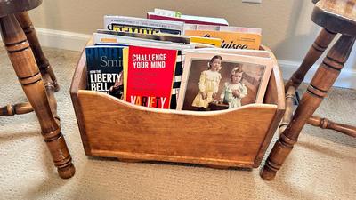 2 CHAIRS AND A MAGAZINE RACK PACKED WITH REMINENCSE, SMITHSONIAN, AND OTHER MAGAZINES
