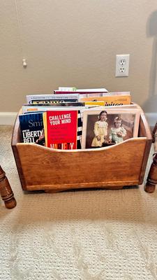 2 CHAIRS AND A MAGAZINE RACK PACKED WITH REMINENCSE, SMITHSONIAN, AND OTHER MAGAZINES