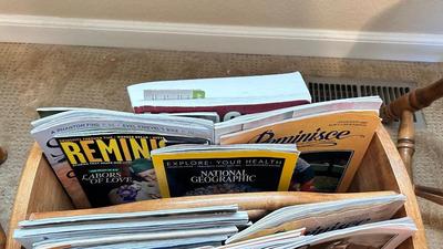 2 CHAIRS AND A MAGAZINE RACK PACKED WITH REMINENCSE, SMITHSONIAN, AND OTHER MAGAZINES