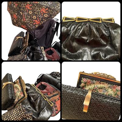 Purse Lot - Judith Leiber style, French Petite Pointe, Painted Wicker, & more w/ Umbrella