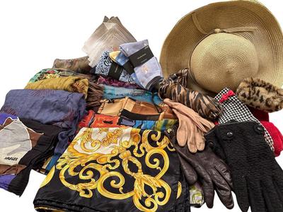 Scarf Lot w/ hat, gloves, NIB socks Hand rolled silk edges and other assorted scarves