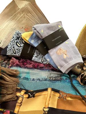 Scarf Lot w/ hat, gloves, NIB socks Hand rolled silk edges and other assorted scarves