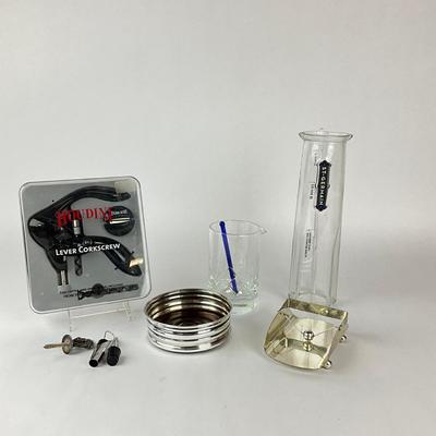 Sale Photo Thumbnail #1402: Crystal Mixer, Houdini Lever Set, Glass Saint Germain Cocktail (12" high)
Coaster: 5.25" diameter