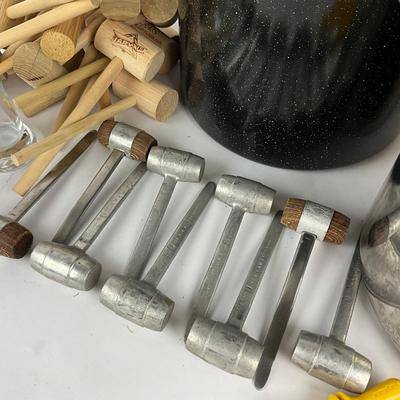 Sale Photo Thumbnail #1409: Steamer Crab Mallets (Pewter & Wooden), Corn Stock Pot With Corn Holders, Four Crab Etched Glasses With Four "I Love Crab" Glasses
