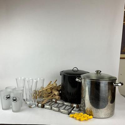 Sale Photo Thumbnail #1403: Steamer Crab Mallets (Pewter & Wooden), Corn Stock Pot With Corn Holders, Four Crab Etched Glasses With Four "I Love Crab" Glasses
