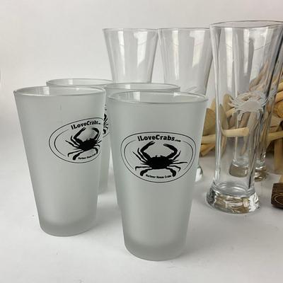 Sale Photo Thumbnail #1408: Steamer Crab Mallets (Pewter & Wooden), Corn Stock Pot With Corn Holders, Four Crab Etched Glasses With Four "I Love Crab" Glasses