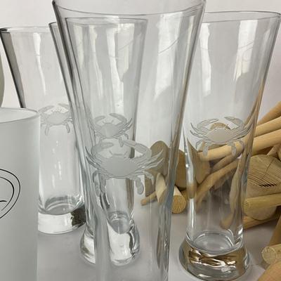 Sale Photo Thumbnail #1407: Steamer Crab Mallets (Pewter & Wooden), Corn Stock Pot With Corn Holders, Four Crab Etched Glasses With Four "I Love Crab" Glasses