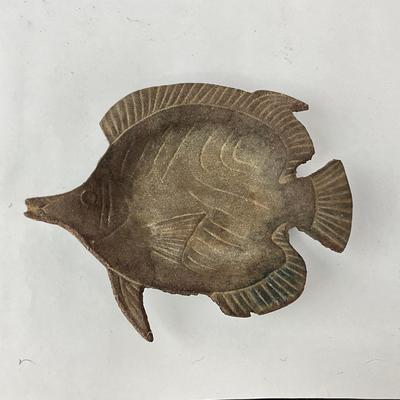 Sale Photo Thumbnail #1459: Fish-shaped dishes, brass bowl, hand mirror
Big fish: 10" long
Small fish: 7.25" long
Hand-mirror: 15.25" long
Brass bowl: 4.5" diameter x 2.5" high