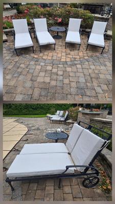 LOT 285: Four Single and One Double Metal Lounge Chairs with Cushions and Two Round Tables