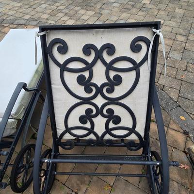 LOT 285: Four Single and One Double Metal Lounge Chairs with Cushions and Two Round Tables