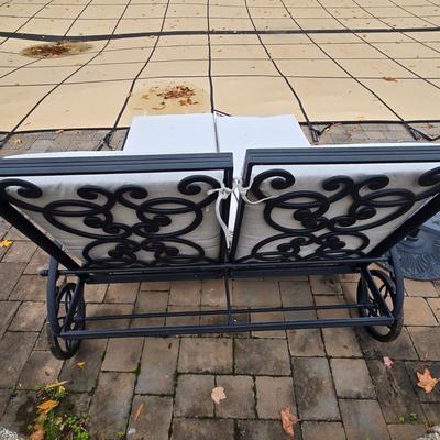 LOT 285: Four Single and One Double Metal Lounge Chairs with Cushions and Two Round Tables